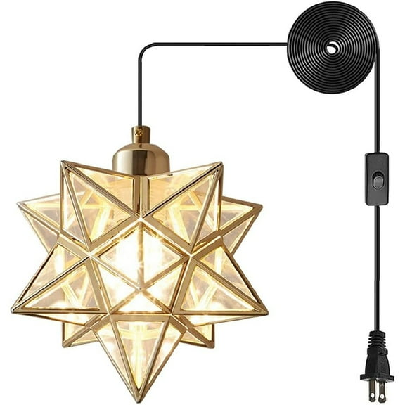Gold Ceiling Pendant Hanging Lamp, Metal and Clear PVC Star Pendant Light, Vintage Hanging Lamp Plug in Cord and Switch for Dining Room Living Room Bedroom