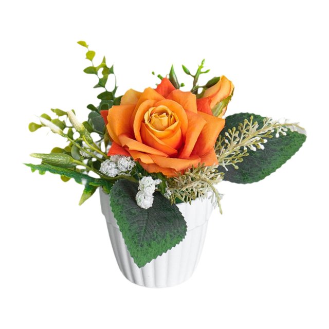 Rosas artificiales en maceta, plantas falsas, flores de seda novedosas en maceta en jarrón para regalo de inauguración de la casa, cafetería, sala de Naranja