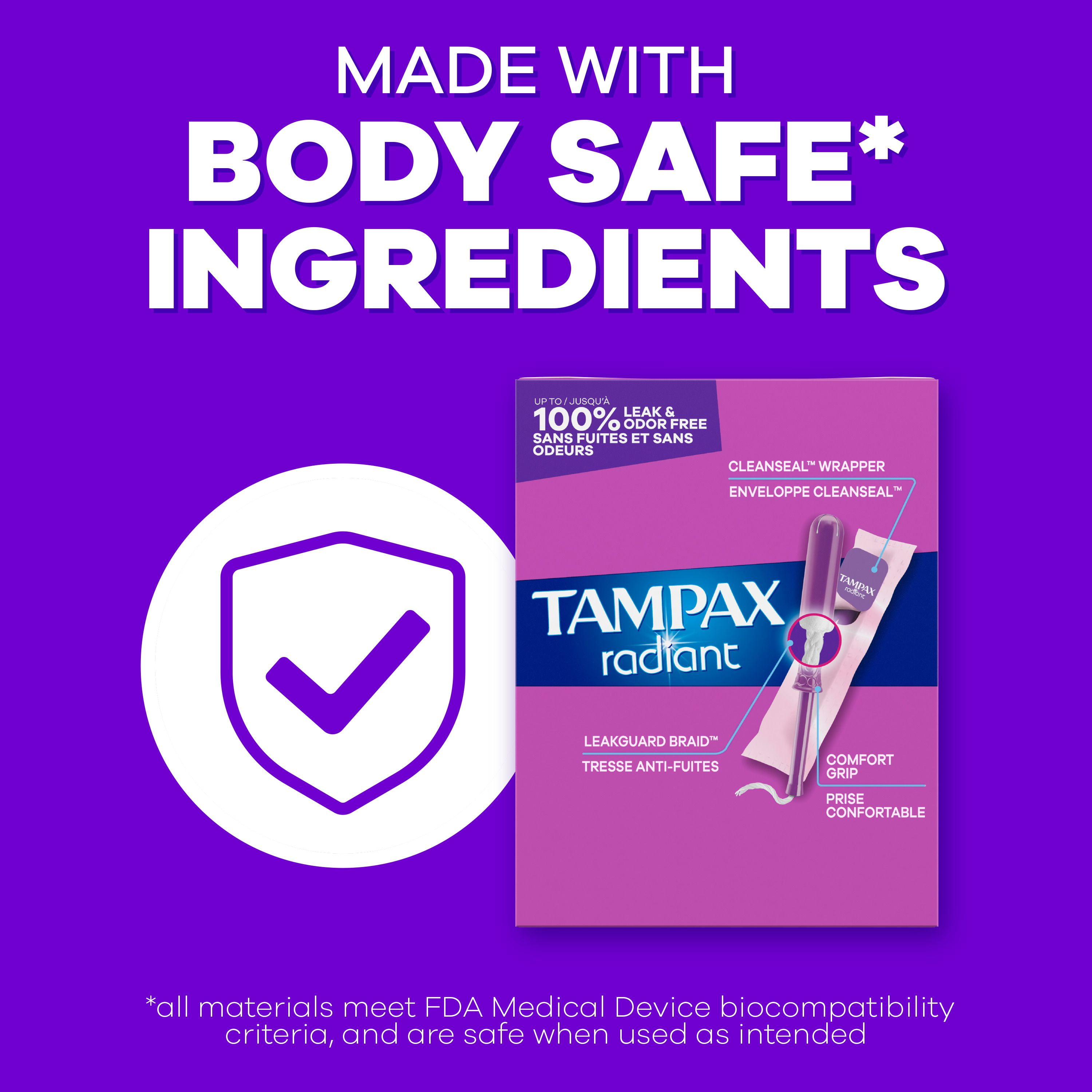 Tampons Tampax Radiant, avec tresse anti-fuites LeakGuard, degrés d’absorption régulier/super, emballage multiple, non parfumés, 28tampons 28 tampons