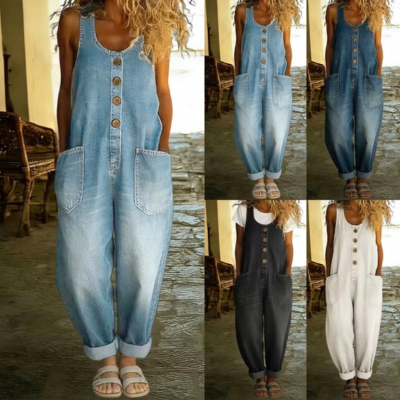 Taqqpue Womens Casual Denim Overalls Wide Leg Sleeveless Loose Jean Pants Jumpsuits Oversize Jeans Pants with Pockets for Women