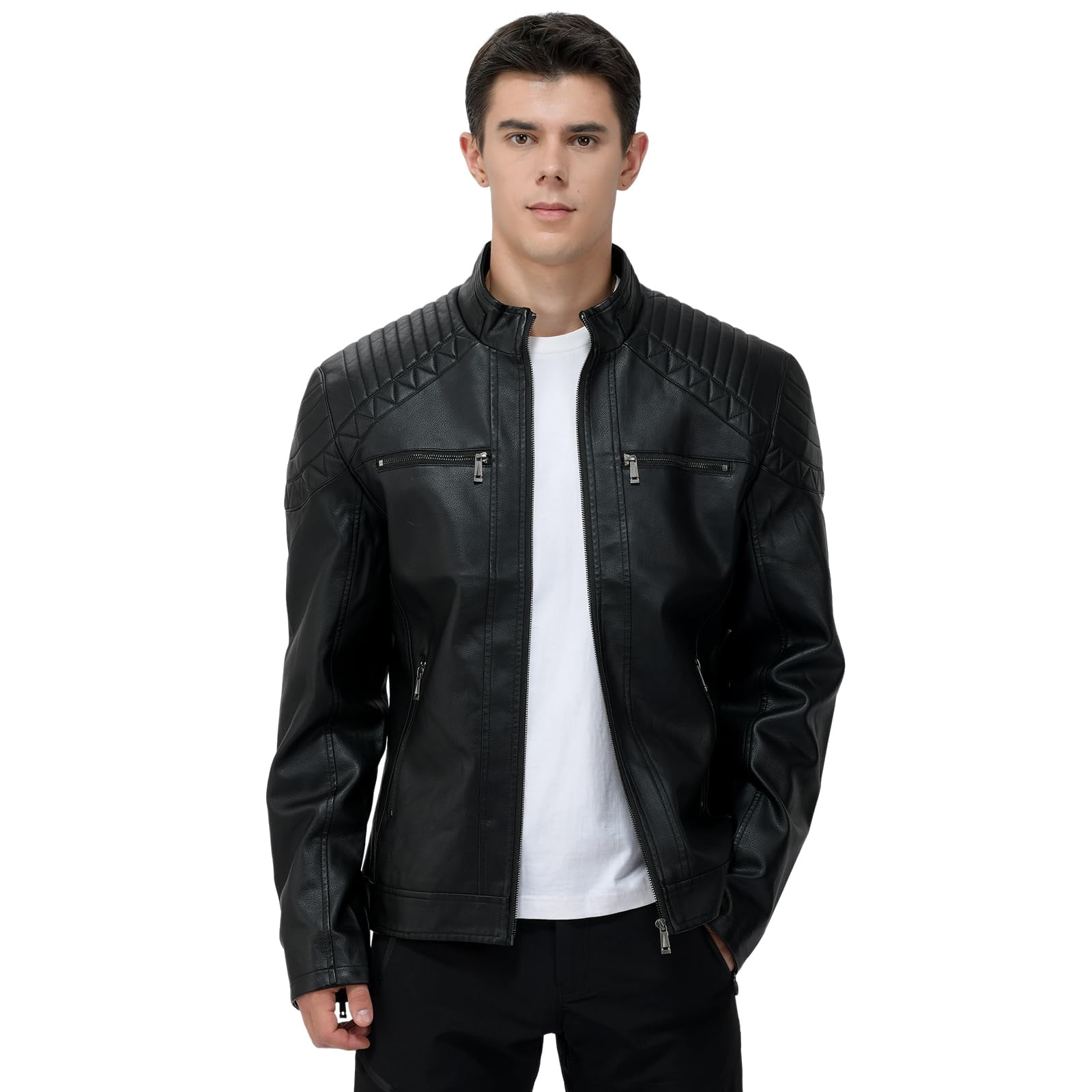 LEDUNTINO Men's Leather Jacket, Stand Collar PU Faux Leather, Zip-Up Motorcycle Bomber Jacket, Slim Fit Biker Coat