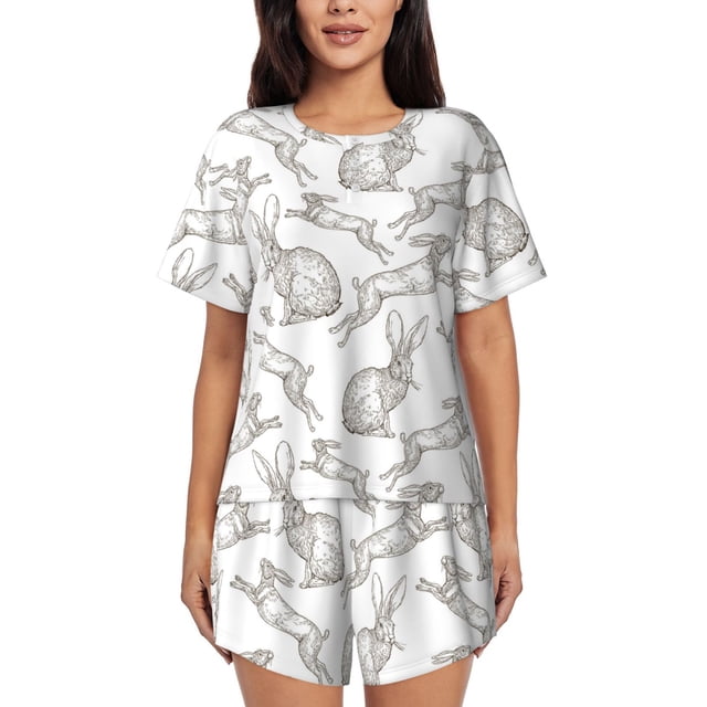 Fotbe Hand Drawn Rabbit Conjunto de Pijama Estampado para Mujer, 2 Piezas, Ropa de Dormir con Camiseta de Manga Corta y Shorts Suaves-3X-Large