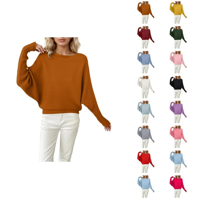 Chandails Surdimensionnés pour Femmes 2026 Automne Hiver Décontracté Manches Chauve-Souris Col Rond Chandail Tricoté