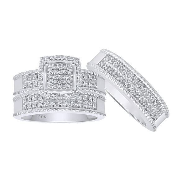 AFFY White Natural Diamond Engagement & Wedding Trio Bridal Ring Set In 10k White Gold (0.33 Cttw)