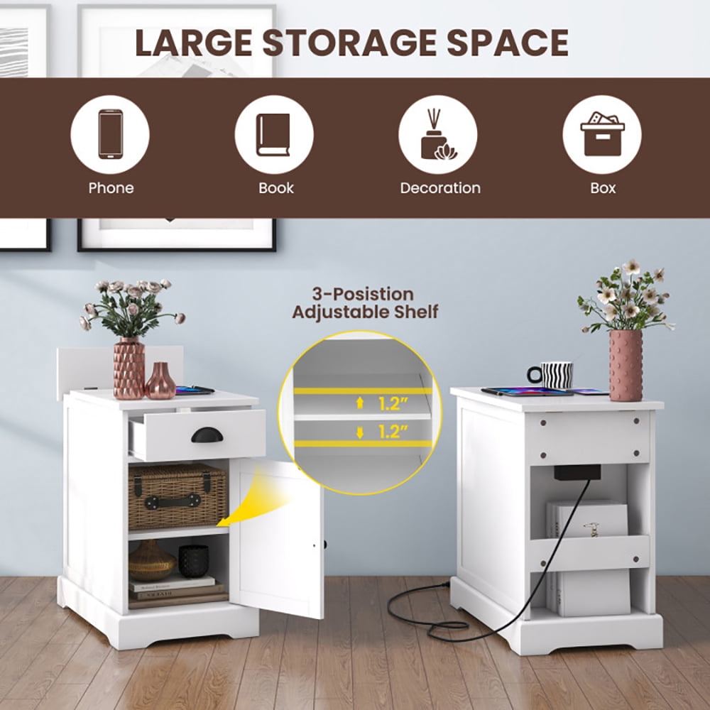 Finihen End Table, Side Table with Charging Station and Flip Top, Sofa Side Table, Bed Side Table, for Living Room, Bedroom, White Finihen End Table, Side Table with Charging Station and Flip Top, Sofa Side Table, Bed Side Table, for Living Room, Bedroom, White