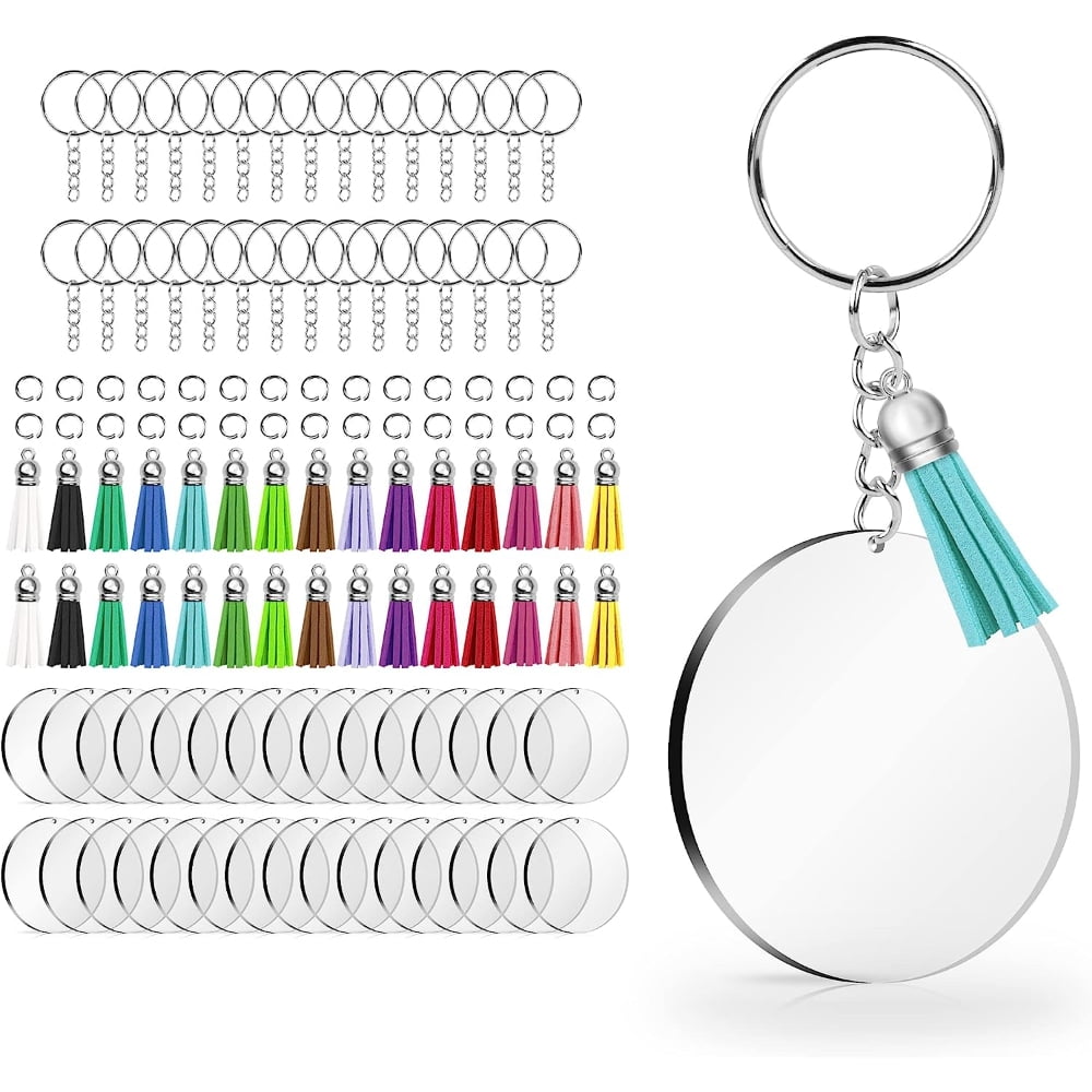 200pcs Acrylic Keychain Blanks Bulk with 5 Shapes Clear Acrylic Disc  Leather Tassel Charms Key Chains for DIY Craft Ornament