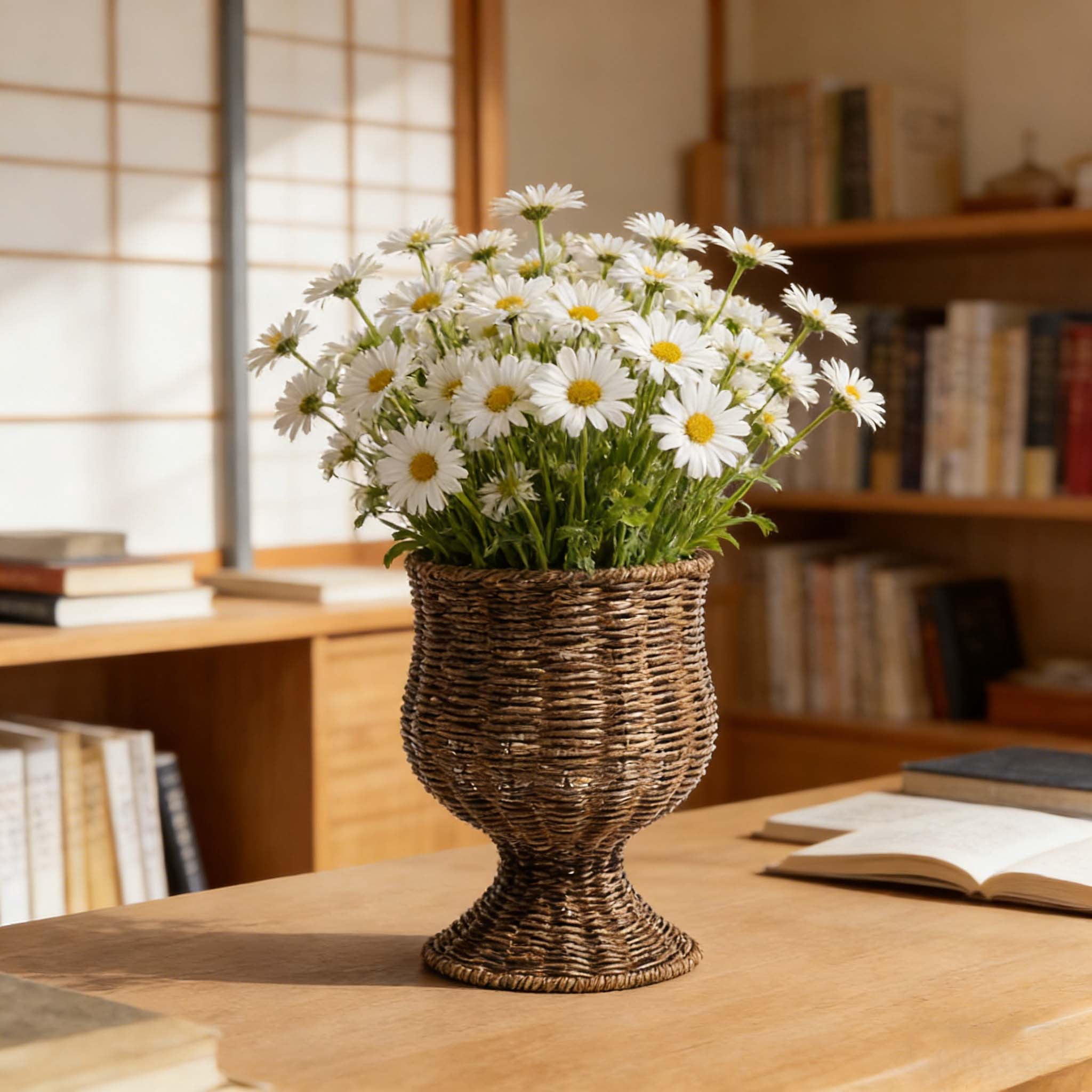 WKSCLPAI Artisanal Handwoven Rattan Planter, Goblet Urn Shape 11*8" Brown, Spring Home Flower Pot, Elegant Hourglass Silhouette, Stable Base, Versatile for Entryway/Dining Table Decor