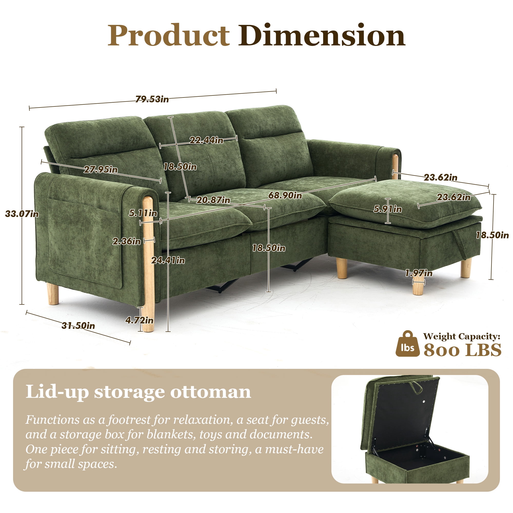 MOONMISS 3-Seater Chenille Sectional Sofa with Storage Ottoman & Side Pocket Convertible Chaise Lounge for Living Room,Olive