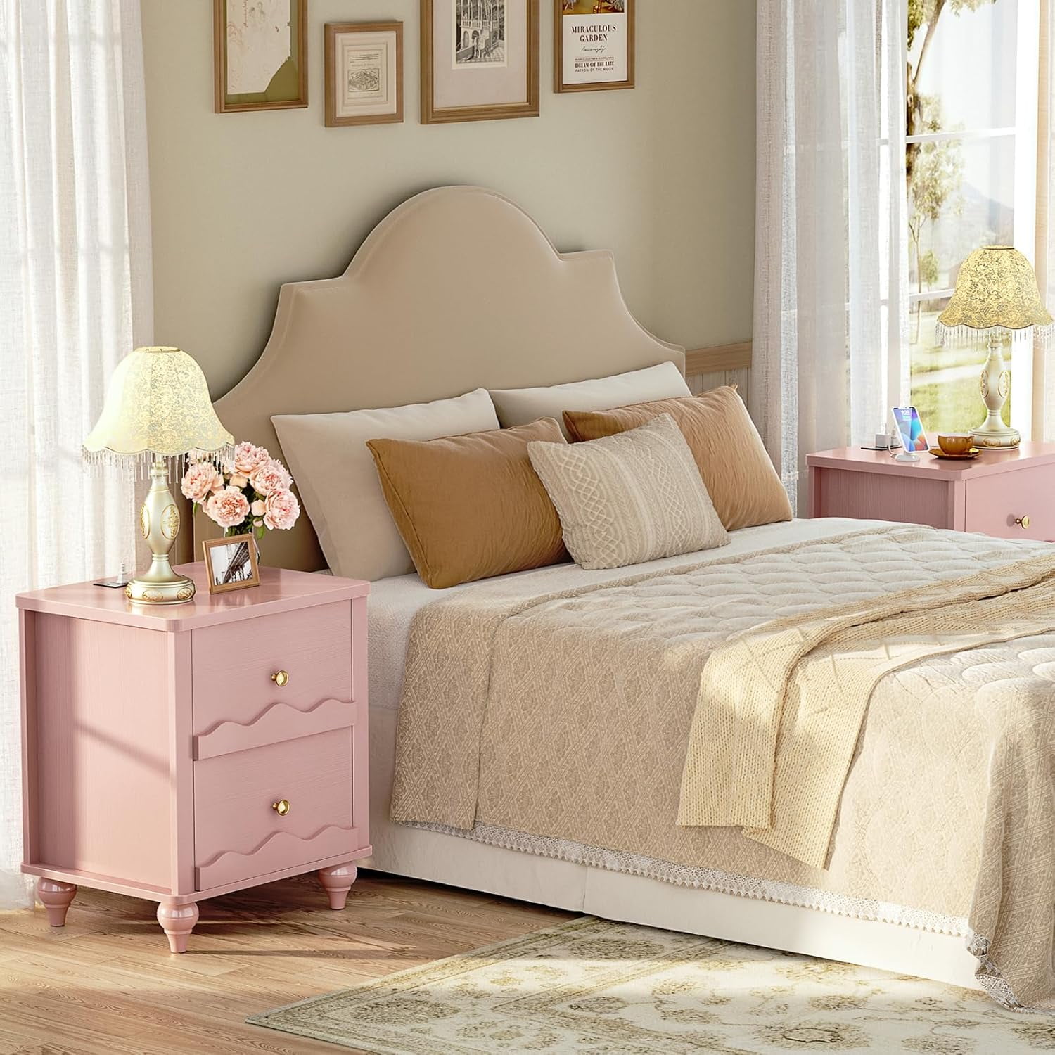 Homieasy 2 Drawer Nightstand with Power Outlet, Modern Wooden Nightstand with 2 Wave Pattern Drawers, Bedside Table for Bedroom, Living Room, Pink