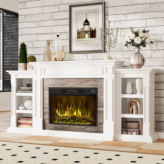 LGHM 80" TV Stand with 30" Colorful Electric Fireplace, Fireplace with Mantel, Farmhouse Entertainment Center for TVs up to 90", White