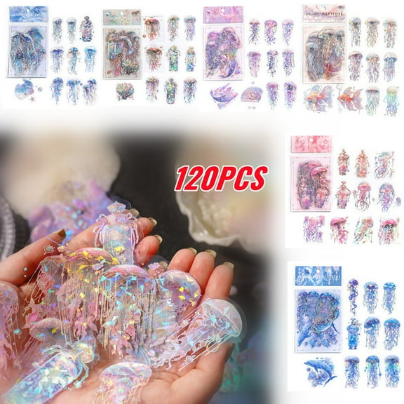 120 Pcs Holographic Glitter Jellyfish Ocean Life Stickers - Transparent Sea Marine Animal Stickers for Junk Journal,Scrapbooking Supplies