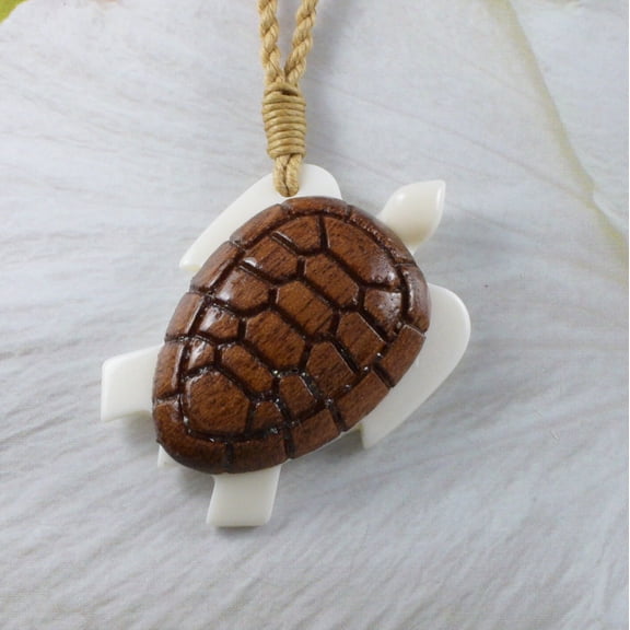 Unique Beautiful Hawaiian Large Genuine Koa Wood Sea Turtle Necklace, Hand Carved Buffalo Bone Turtle Necklace N9412 Birthday Valentine Gift