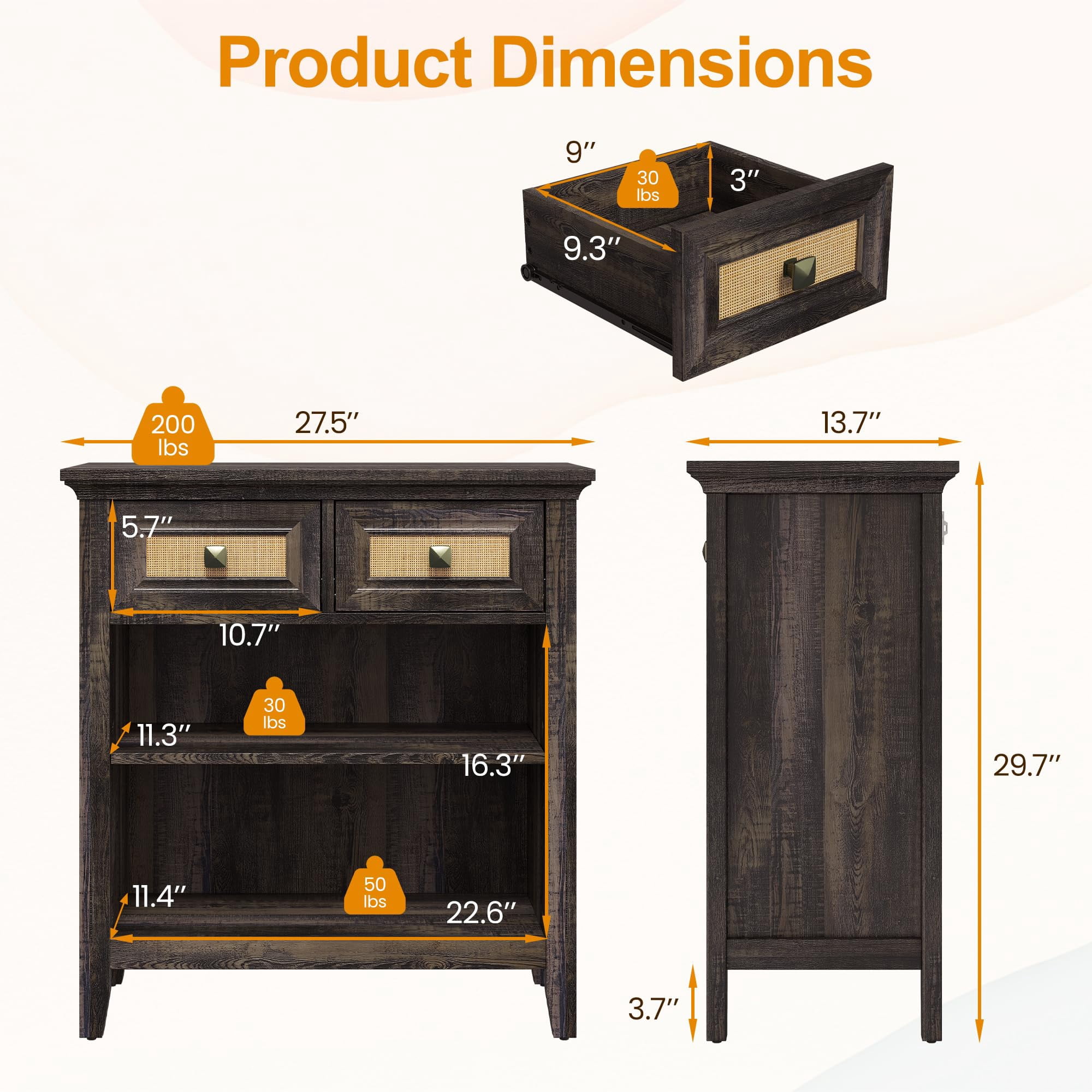RoyalCraft Rattan Storage Cabinets, Accent Boho Storage Cabinet with 2 Drawers and 2 Shelves, Multipurpose Modern Storage Cabinet for Living Room, Entryway, Front Hall, Hallway, Coffee