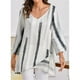 thumbnail image 5 of Jumpingount Camiseta de mujer Blusa suelta de manga larga Top de rayas con cuello en V de otoño Prendas para la parte del cuerpo Blanco METRO, 5 of 6