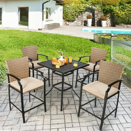 Gymax 5PCS Patio Bar Stool & Table Set Outdoor Bistro Furniture Set w