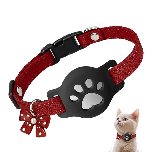 Adjustable Polka Dot Pet Collar with Bow – Lightweight Cat Collar Compatible with Tracking Device, Soft Polyester, Black