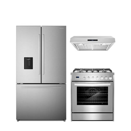 3 Piece Kitchen Package with 30" Freestanding Gas Range 30" Under Cabinet Range Hood 36" French Door Refrigerator