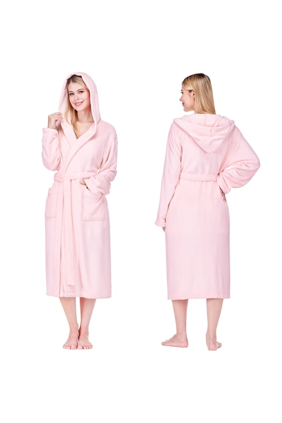 Womens Hooded Fleece Robe, Soft Plush Long Bathrobe with Hood, Lightweight Warm Cozy Spa Shower Housecoat, L/XL, Pink