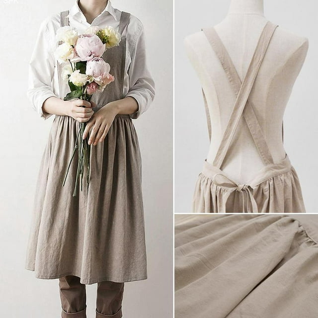 delantal chef, delantal de japonés, delantal de cocina con babero para mujer, delantal de suave beige perfecl delantal de cocina casera Delantal japonés beige con babero, tirantes cruzados en la espalda y lazo ajustable en la cintura, falda con pliegues y textura visible de algodón y lino; tamaño aproximado 75×95 cm, incluye primer plano del tejido.