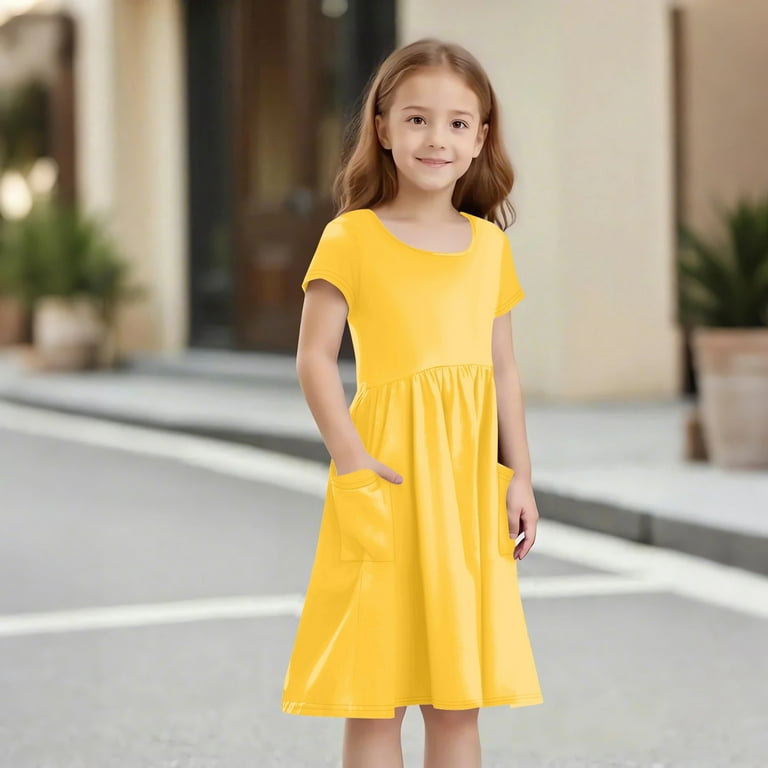 TQWQT Yellow Dresses for Girls Short Sleeve Girls Sundress Size 10-12 Summer Cute A Line Dresses Kids Crew Neck Skater Dress Girls Dresses Tween Girls T-Shirt Dress with Pockets Yellow 90 - TQWQT Yellow Dresses for Girls Short Sleeve Girls Sundress Size 10-12 Summer Cute A Line Dresses Kids Crew Neck Skater Dress Girls Dresses Tween Girls T-Shirt Dress with Pockets Yellow 90 -