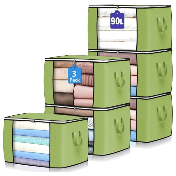 Uiz Merueh 90 L Large Storage Bag Clothes Storage Organizer with Durable Handles for Closet Storage, Comforter, Blanket, Clothing, Bedding and Toys 3 Pack