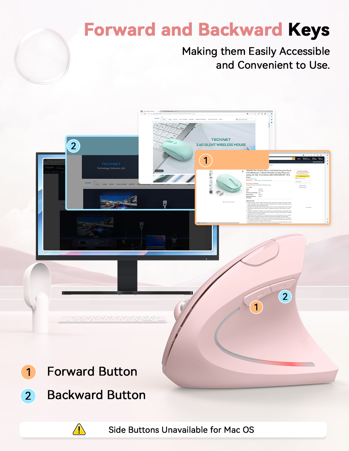 TECKNET Ergonomic Wireless Vertical Mouse - 4800 DPI, 5 Adjustable Levels, 2.4GHz Optical, 6 Buttons for Carpal Tunnel - Laptop, Desktop, PC, MacBook Compatible - Pink