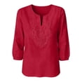 thumbnail image 5 of Women's Cotton Linen 3/4 Sleeve V Neck Lace Blouse Loose Fit Casual, 5 of 7
