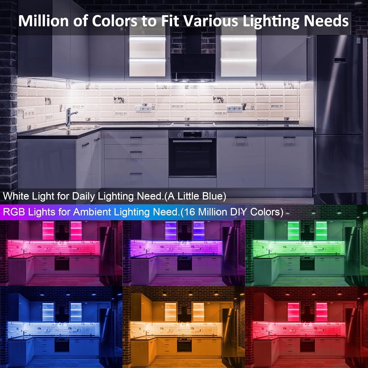 3 Pcs RGB Under Cabinet Lights Kit, Smart App and Remote Control Lighting, Dimmable Counter for Kitchen, Plug in LED Bar Cabinet, Counter, Workbench, Desk