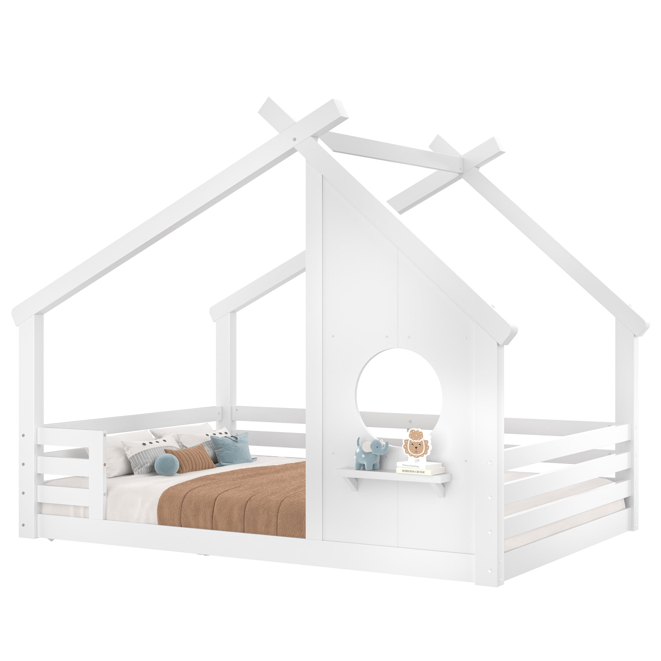 Noble House Twin House Floor Bed with Small Shelf, Montessori Kids Bed Frame, White