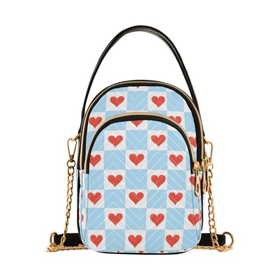 FORMRS Crossbody Bag for Women Quilted Travel Shoulder Cell Phone Purse with Chain Strap Handbag, Light Blue Checkered Heart