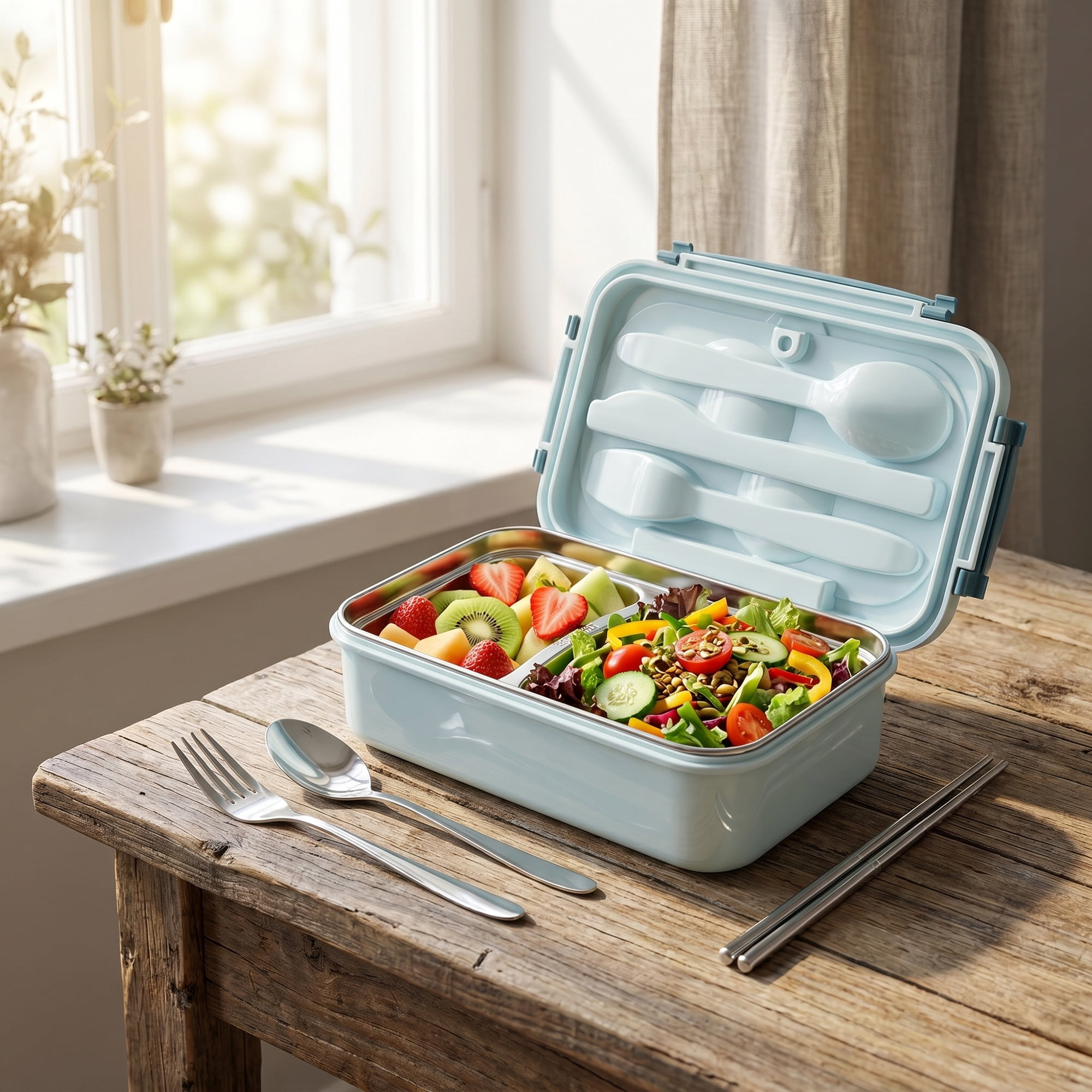 Unique Bargains 3-Compartment Leak-Proof  Lunch Bento Box with Utensils Royal Blue-2