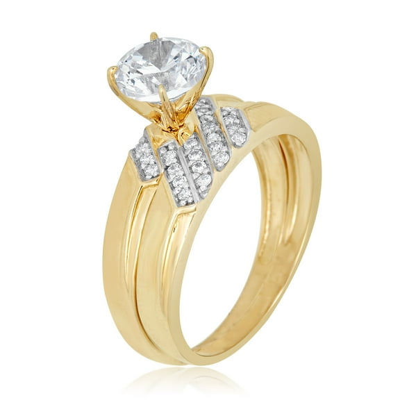 AVORA 10K Yellow Gold 1.25 Carat Simulated Diamond CZ Slant Striped Anniversary Bridal Engagement Wedding Band Ring Set  - Size 7.5