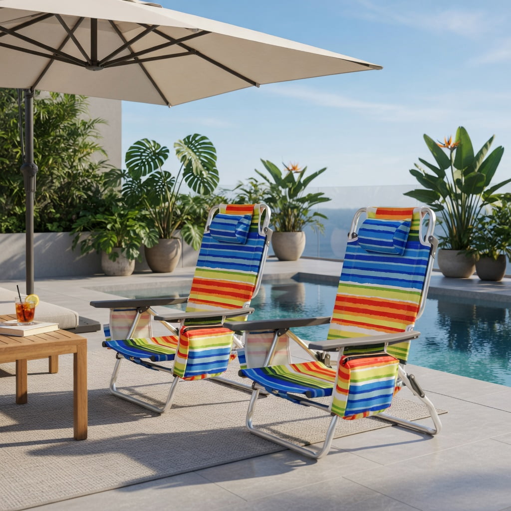 Hommoo 2-Pack Foldable Beach Chair with Pillow, 5-Position Reclining Outdoor Lounge Chair for Beach, Pool & Camping, Yellow