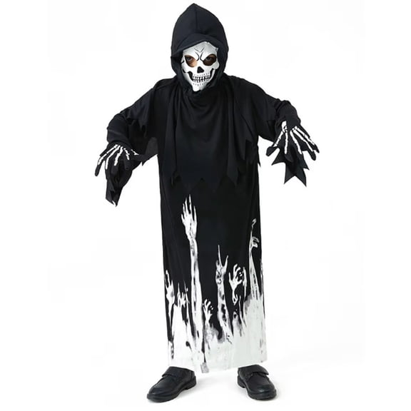 XXWXYD Boys Skeleton Halloween Costum𝖾 Set - Skul𝗅 Print Hooded Robe Cloak with Mas𝗄 and Gloves, 3 Piece Cos-play Outfit for Kids Halloween Party Dress Up