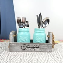 Ceramic Blue Mason Jar Utensil Holder, Silverware Organizer For Spoons, Knives And Forks With Rustic Wood Tray