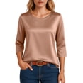 thumbnail image 2 of Women's Satin Blouse 3/4 Sleeve Crewneck Tops Satin Silk Work Shirt Dressy Business Casual Tee Tshirt Fall Outfits Khaki M, 2 of 6