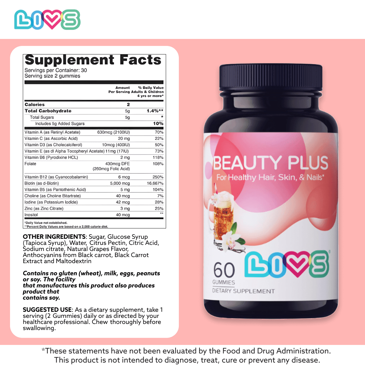 LIVS Beauty Plus Gummies Biotin | Pack of 2 | Collagen Multivitamin for healthy hair, skin, and nails 120 Gummies