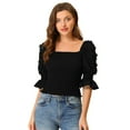 thumbnail image 1 of Allegra K Blusa de manga abullonada con cuello cuadrado y volante fruncido para mujer Negro L, 1 of 5