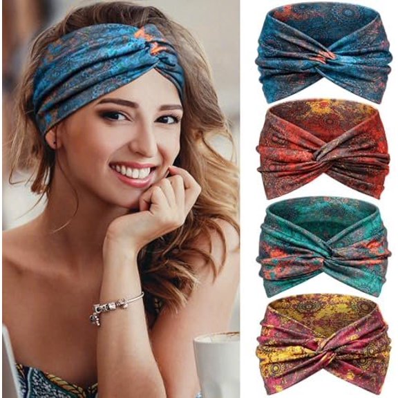 Headbands for Women's Hair, Wide Hair bands - 4 count Turban Elastic Soft Wraps Knotted for Yoga & Workout - Summer Cute Fashion Hair Accessories(Boho)