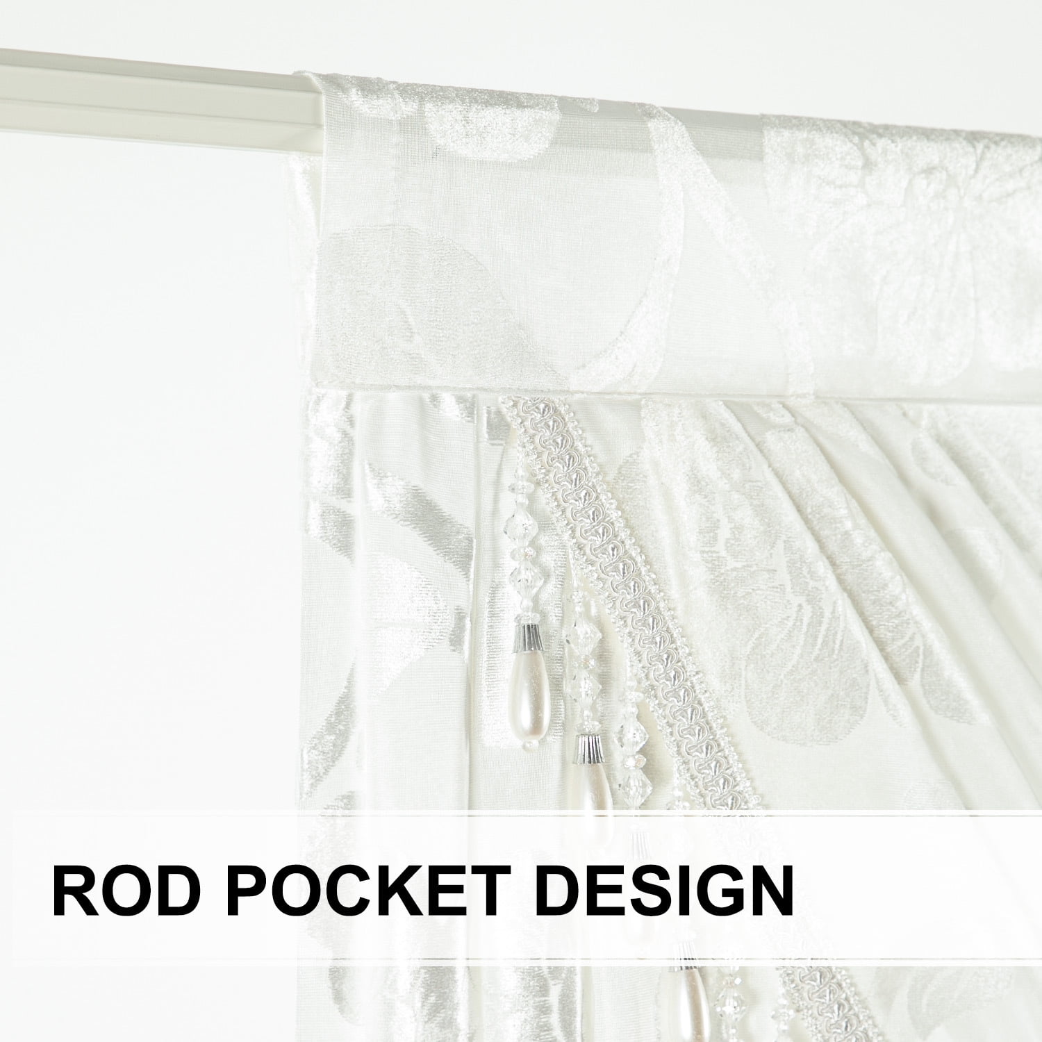 VOGOL White Floral Jacquard Waterfall Sheer Valance Curtain, Beaded Tassel Edge, 43x110 Inches, Elegant Home Drapery