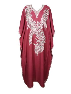 Mogul Women Maxi Caftan Dress Beautiful Red Floral Embroidered Beach Cover Up Evening Loose Dress 3XL