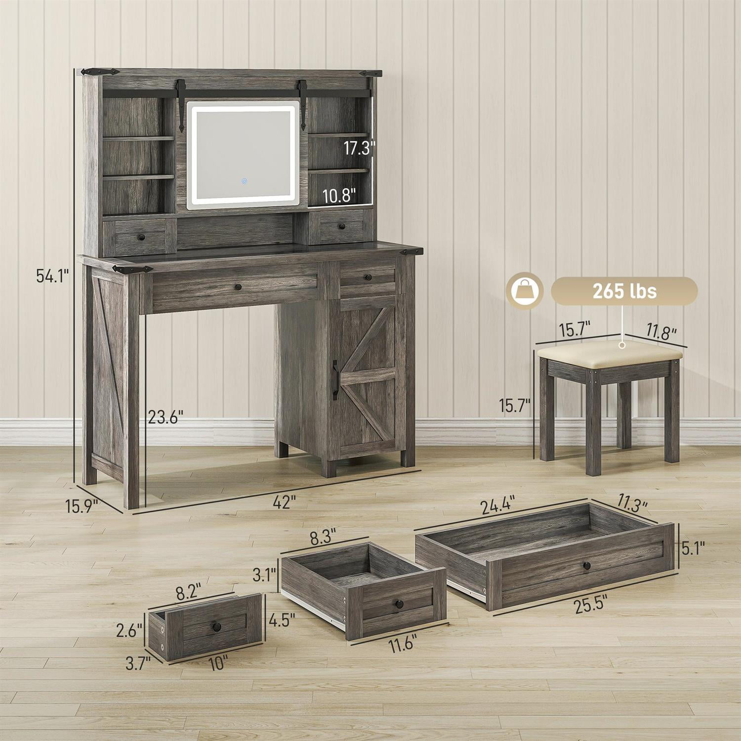 Demi Bonn 54" Modern Vanity Set with Mirror, Lights & Cushioned Stool, Storage Drawer, Cabinet & Shelves for Bedroom, Gray