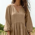 thumbnail image 6 of Hurxie Women Casual Boho V Neck 3/4 Sleeve Smocked Waist A Line Flowy Swing Midi Dress Smocked Long Dress Khaki,S, 6 of 6