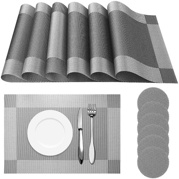 6pcs Placemats PVC Place Mats and Coasters Washable Non-Slip Heat Resistant Table Mats for Kitchen Dining Table Home Restaurant 12"×18", Sliver