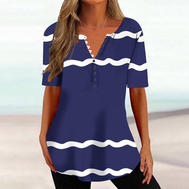 Fiudx Ofertas Relámpago Blusas Estampadas para Mujer, Camiseta con Botones, Camiseta de Manga Corta con Cuello En V