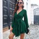 thumbnail image 5 of Vestido skater mini con escote en V profundo y manga larga con cinturón y cordones para mujer, verde, L, 5 of 6