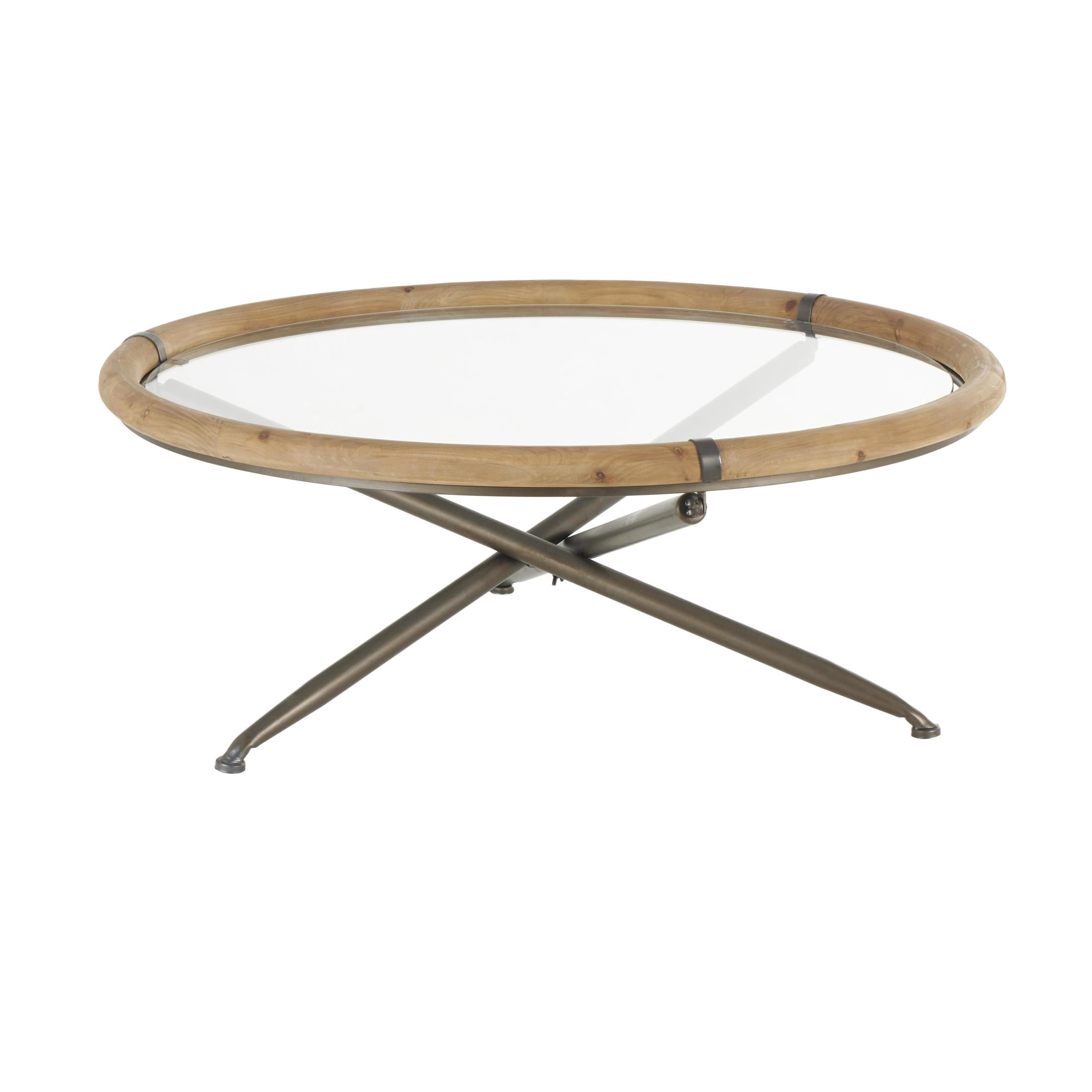 DecMode 39" x 16" Brass Metal Round Coffee Table with Brown Wooden Framed Glass Tabletop, 1-Piece