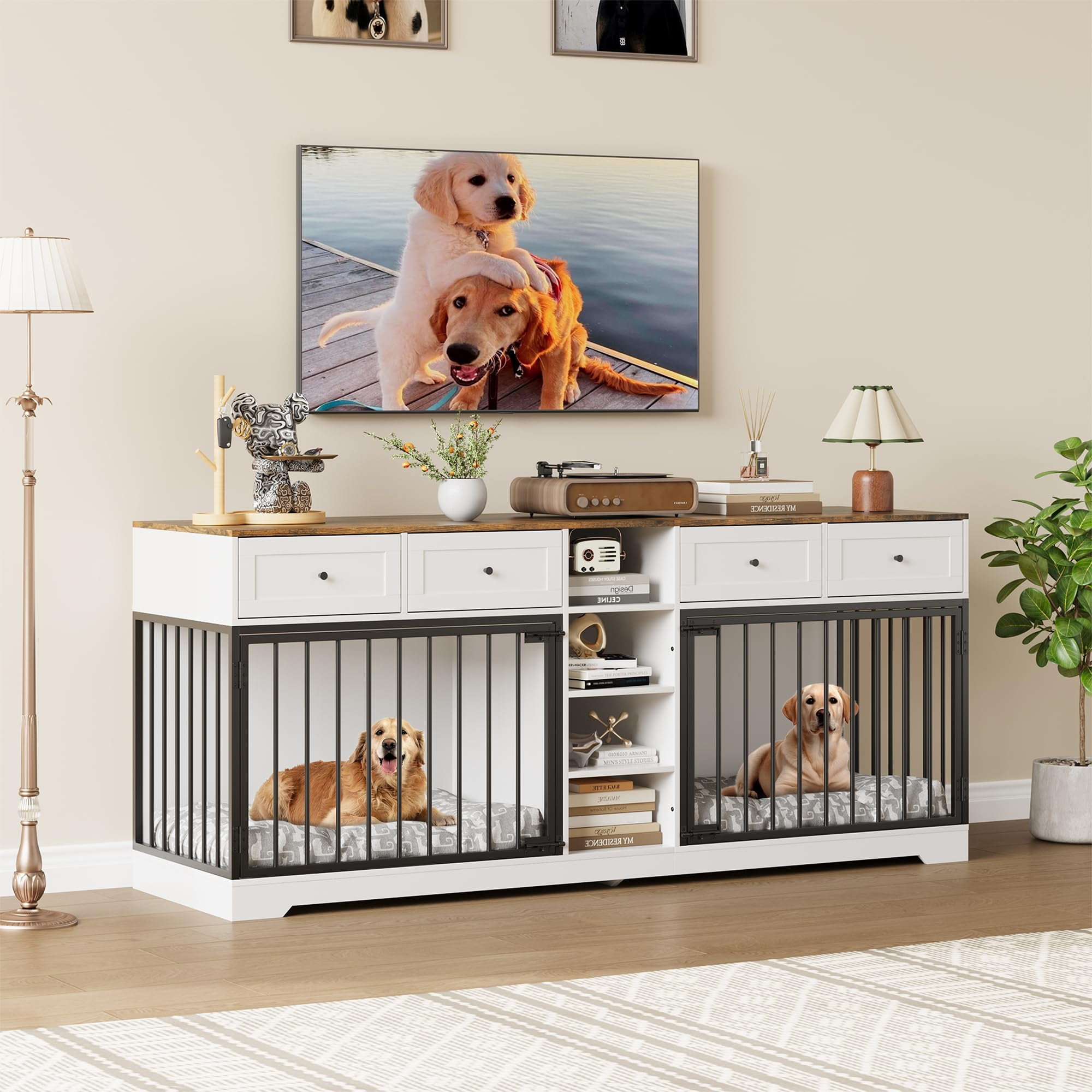 Yeshouse Large 82” Dog Crate for 2, Dog Kennel Furniture with Storage Drawers & Shelves, TV Console for Living Room