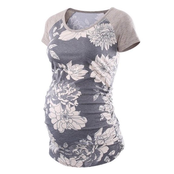 gakvbuo Maternity Shirts For Women Women's Maternity Wear Round Neck Side Pleated Printed Top Maternity Short Sleeve T-shirt
