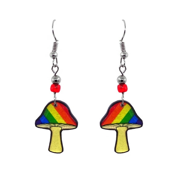 Rainbow Magic Mushroom Graphic Dangle Earrings - Womens Psychedelic Fashion Handmade Jewelry Nature Accessories